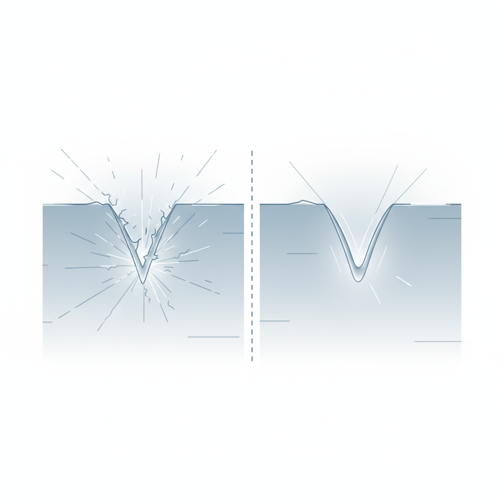 A highly detailed scientific diagram in a clean, precise style, illustrating the concept of scratch repair. One side shows a microscopic cross-section of a glass surface with a sharp, deep 'V'-shaped scratch. The other side, separated by an implied transition, shows the same scratch after polishing, where its sharp edges are significantly rounded and smoothed, demonstrating how abrasives reduce light scattering and improve clarity without removing all material.