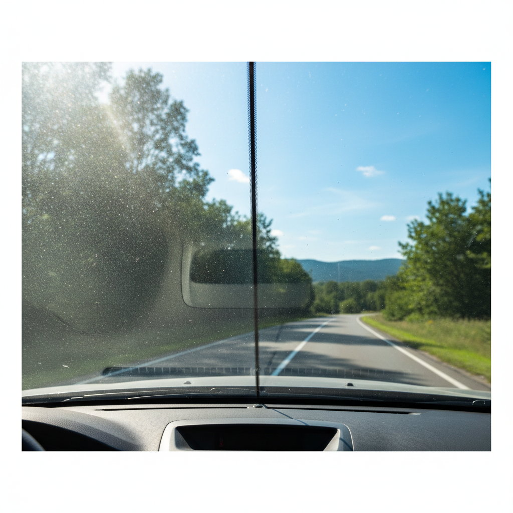 A professional photo depicting the interior view of a car windshield, split vertically down the middle. On the left side, the windshield is noticeably hazy, streaky, and covered in a fine layer of dust, causing significant glare from an imagined sunbeam. The outside view through this side is blurred and indistinct. On the right side, the windshield is impeccably clean, crystal clear, and sparkling, offering a sharp, unobstructed view of the road ahead, perhaps a clear blue sky and distant green trees. The overall image emphasizes the dramatic improvement in visibility.