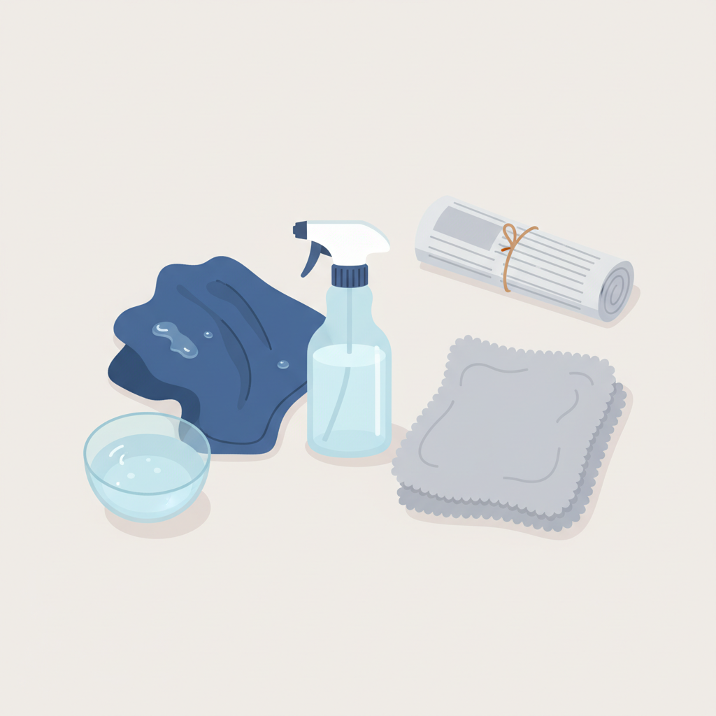 A clean, modern flat illustration showcasing the essential tools for car interior window cleaning. The scene features two high-quality, distinct microfiber cloths (one slightly damp, one dry and fluffy) positioned next to a generic spray bottle filled with a clear cleaning liquid. A small, clear bowl containing water and a rolled-up newspaper are also subtly arranged. The items are neatly laid out on a light, neutral background, emphasizing order and readiness for the cleaning task in a bright, inviting style.