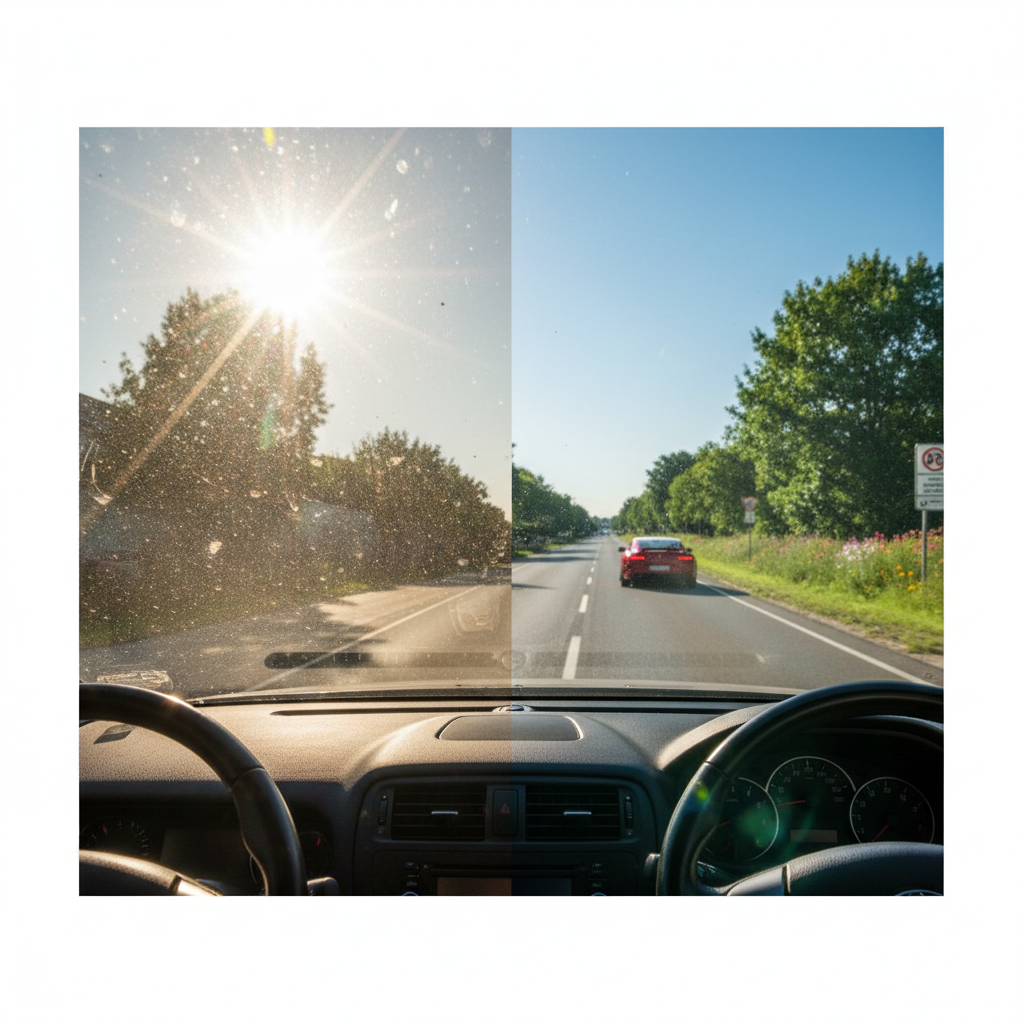 A professional photograph illustrating the stark contrast between a dirty and a clean car windshield from the driver's perspective. The left side of the image shows a blurry, smudged, and dusty windshield, with significant sun glare reflecting off the grime, obscuring the view of the road ahead. The right side depicts a perfectly clear, streak-free windshield, offering a crisp, unobstructed view of a vibrant road scene beyond, emphasizing enhanced safety and superior visibility. The scene is well-lit, highlighting the dramatic visual difference.