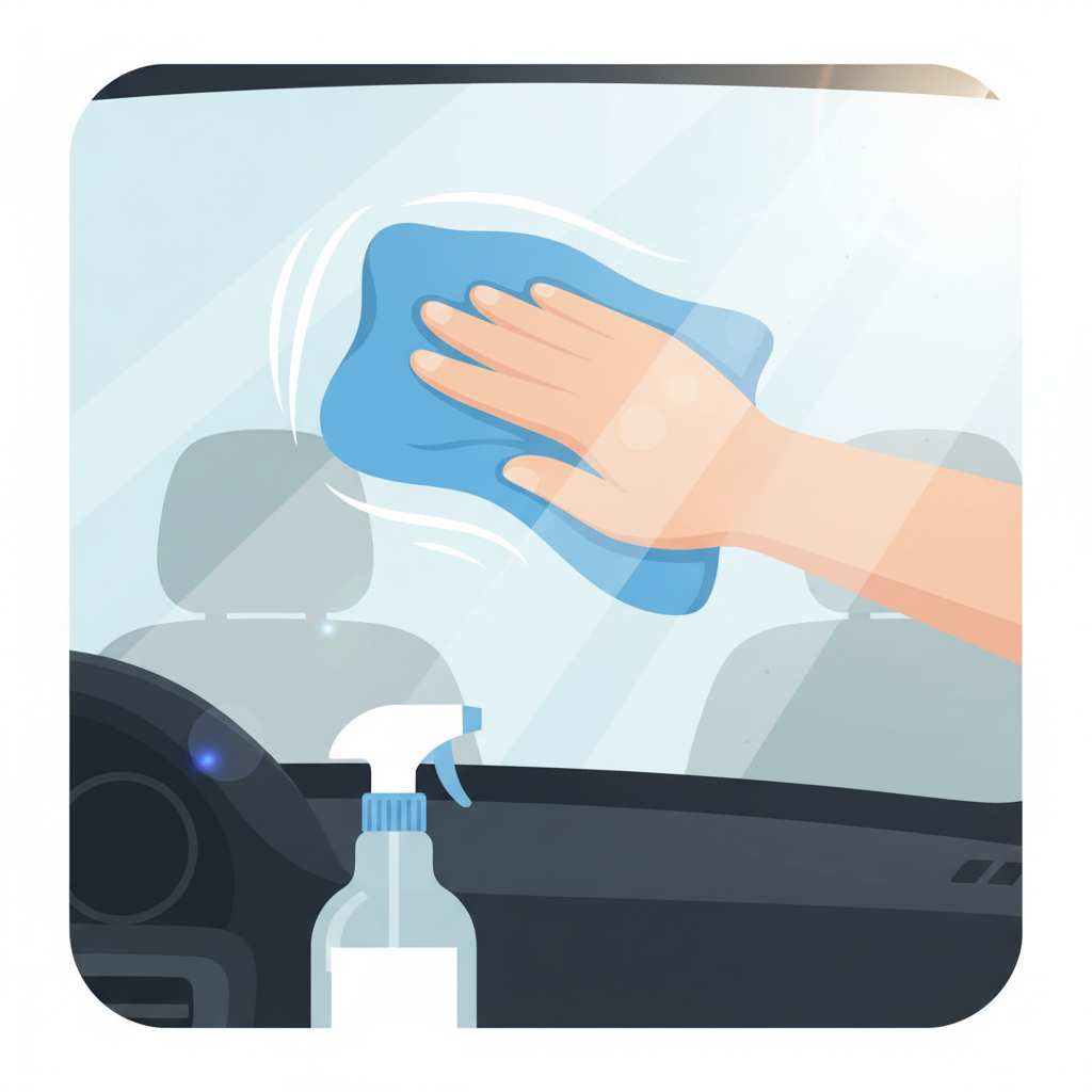 A clean, bright flat illustration demonstrating the precise action of cleaning a car's interior windshield. A generic hand, with no distinguishing features, holds a blue microfiber cloth, gently wiping the inside surface of the windshield in a soft, circular motion. A generic spray bottle, completely free of any text or branding, sits subtly on the dashboard nearby. The illustration emphasizes the streak-free result, with light reflecting cleanly off the now pristine glass section. The focus is on the cleaning process and the clear outcome.