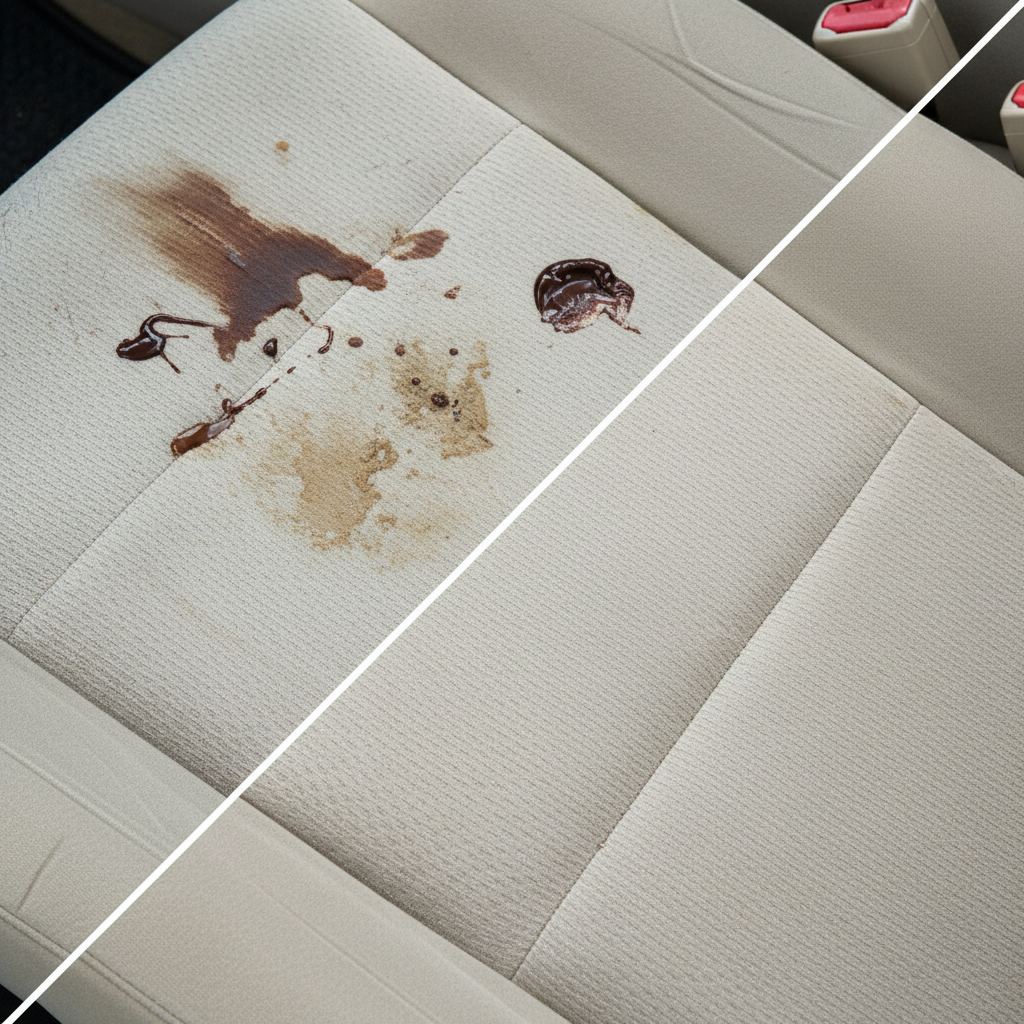 A professional photo showing a close-up of a car seat. The image is diagonally split. One half displays a section of a beige fabric car seat heavily soiled with various common stains: a dark coffee spill, a light brown mud smudge, and a smear of chocolate. The stains are distinct and visually unappealing. The other half of the image shows the exact same section of the car seat, now pristine, clean, and looking like new, reflecting a sense of freshness and restoration. The lighting is bright and even, emphasizing the contrast in cleanliness.