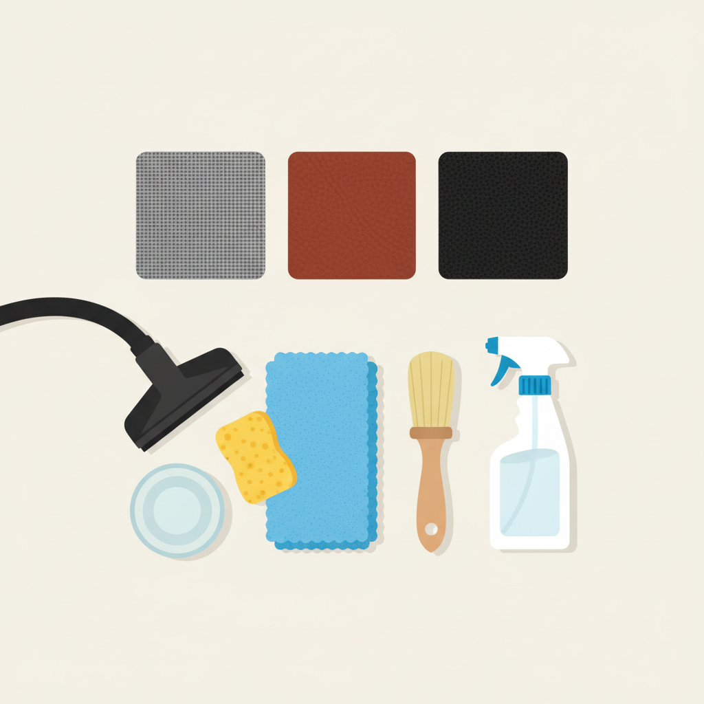 A vibrant, flat illustration depicting an organized collection of car seat cleaning essentials laid out on a light surface. Prominently featured are a fluffy microfiber cloth, a soft-bristled brush, and a generic spray bottle. Adjacent to these, a small handheld vacuum cleaner nozzle is visible, along with a small bowl of clear water and a sponge. In the background, three distinct swatches visually represent different car seat materials: a woven grey fabric, a smooth brown leather, and a textured black faux leather, subtly indicating material identification. The overall aesthetic is clean, clear, and informative.