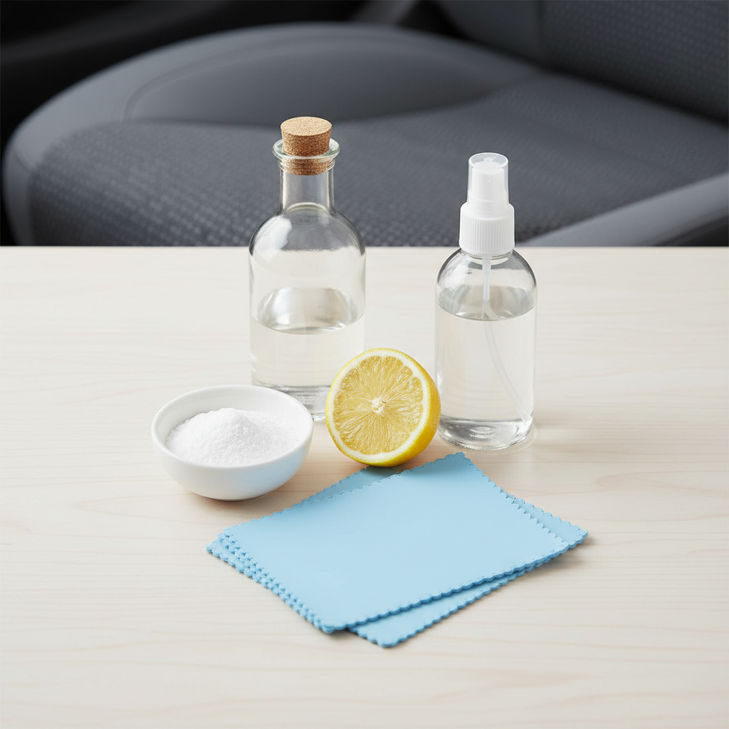 A visually appealing flat lay illustration showing a selection of common household items ready for car seat cleaning. The central focus is a neatly arranged group of items: a small bowl of baking soda, a clear glass bottle of white vinegar, a fresh lemon cut in half, a transparent spray bottle, and two clean, folded microfiber cloths. These items are positioned on a clean, light surface. In the background, slightly out of focus, is a subtle hint of a car seat's fabric texture. The overall style is clean, modern, and inviting, emphasizing the simplicity and accessibility of home remedies.