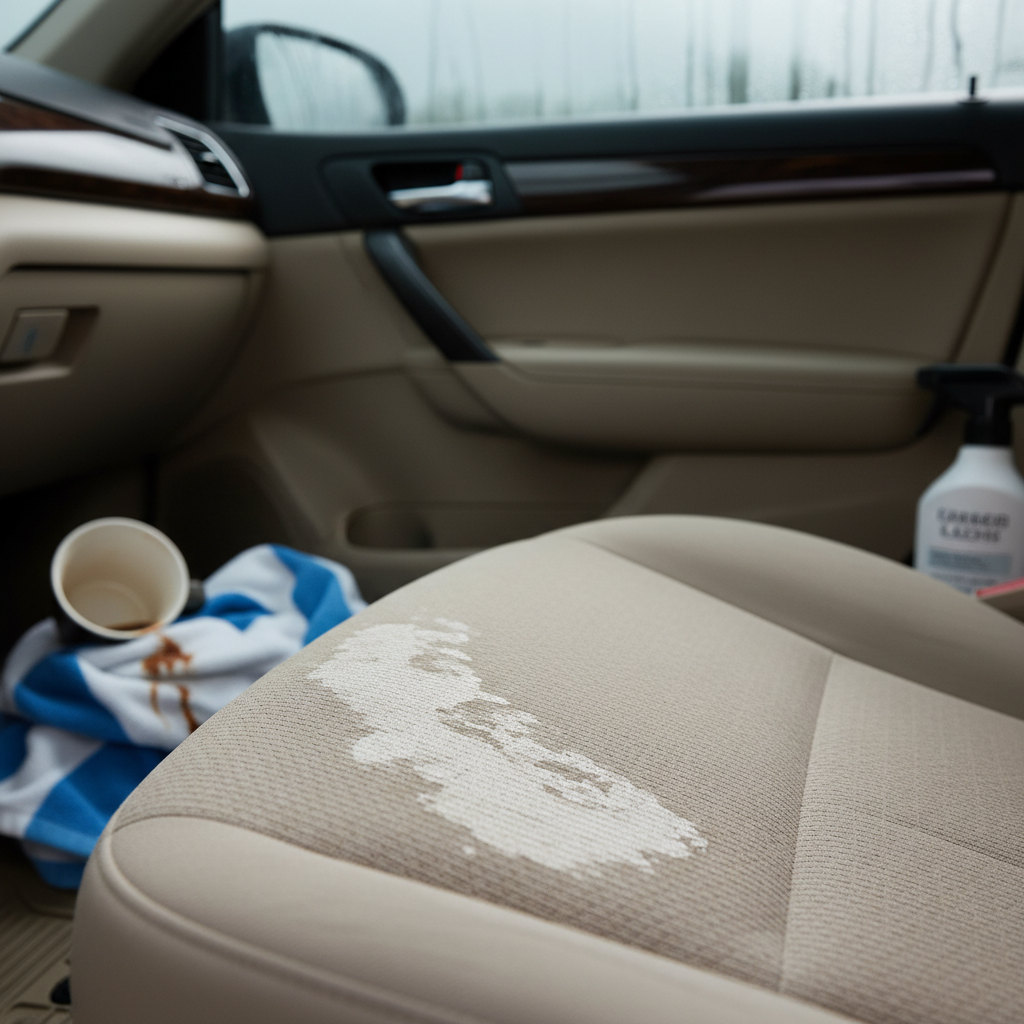 A professional, high-resolution photo showcasing a beige or grey fabric car seat with a prominent, dried water stain. The stain is circular or irregular, slightly darker or lighter than the surrounding fabric, illustrating the mineral residue. In the background or periphery, subtly blurred elements hint at common causes: a slightly tipped coffee cup, a crumpled, damp beach towel, condensation streaks on a nearby car window, and a glimpse of a car interior cleaning spray bottle. The lighting should emphasize the texture of the seat and the visible discoloration of the water stain, capturing a sense of a common car interior issue.