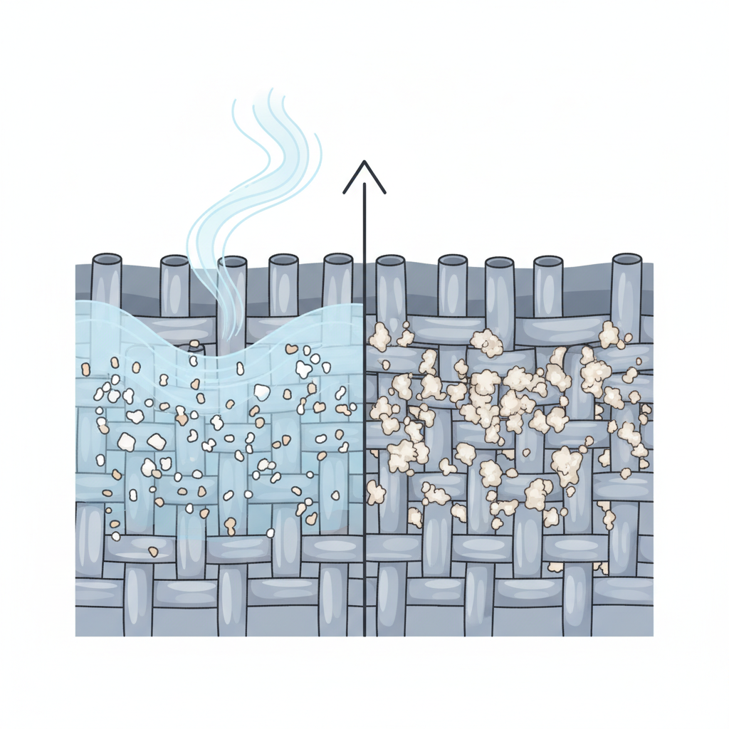 A detailed, infographic-style illustration depicting a microscopic cross-section of car seat fabric fibers. On one side, fibers are shown absorbing liquid (representing water) with tiny, dissolved mineral particles floating within the moisture. An arrow indicates evaporation. On the other side, the same fibers appear dry, but the mineral particles are now clearly visible as crystalline deposits clinging to and embedded in the fabric, forming the visible 'stain' effect. The illustration should use clean lines and subtle color variations to differentiate water, minerals, and fabric, clearly visualizing the 'what' and 'how' of water stain formation at a molecular level.
