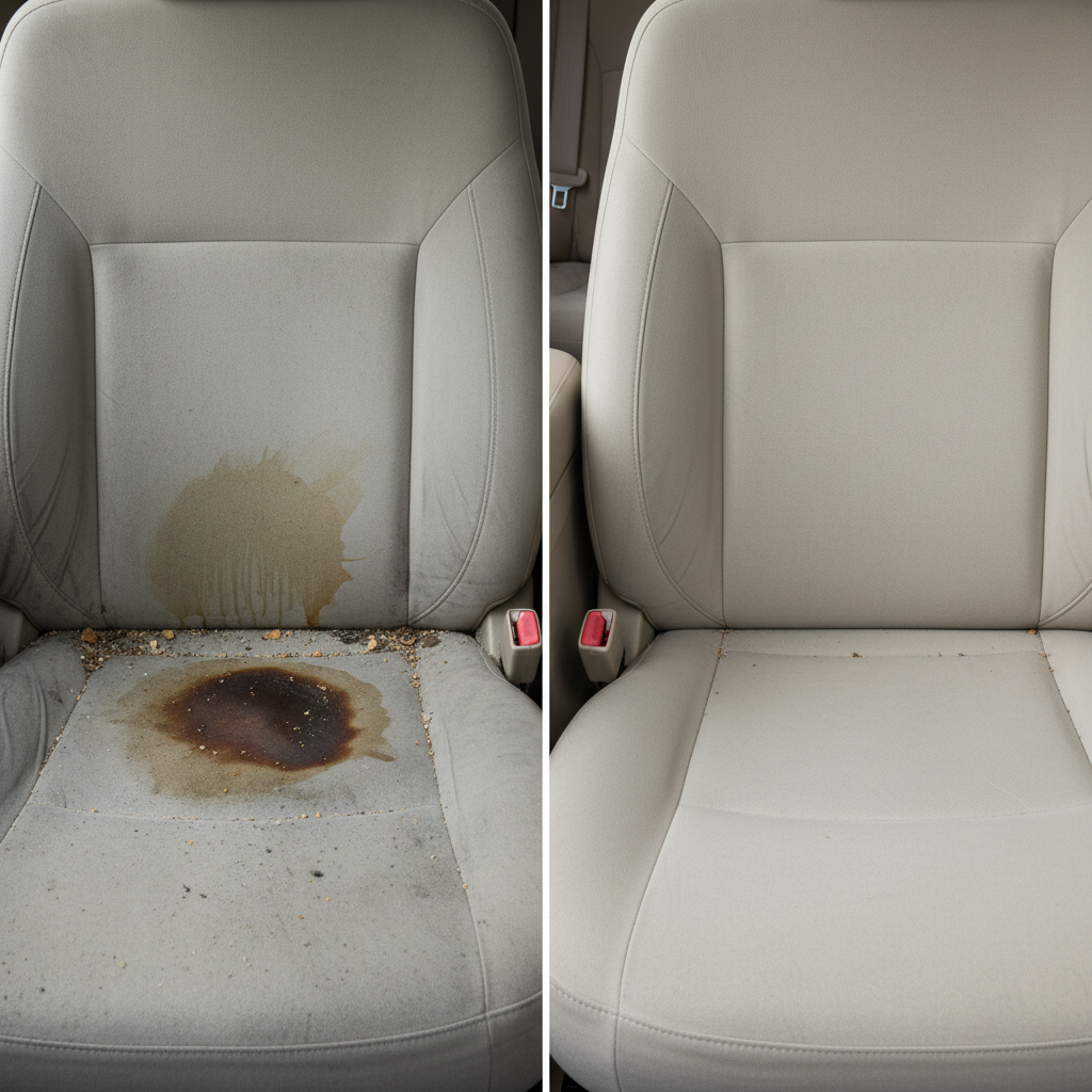 A professional high-contrast photo showcasing a dramatic before-and-after transformation of a car seat. The image is split vertically, with the left half of a car seat visibly dirty, featuring a prominent, dried coffee stain, scattered crumbs, and a dull, dusty texture. The right half of the exact same car seat is immaculate, appearing fresh, vibrant in its original color, completely free of stains or debris, and showing a pristine, 'like-new' condition, highlighting the success of the cleaning process.