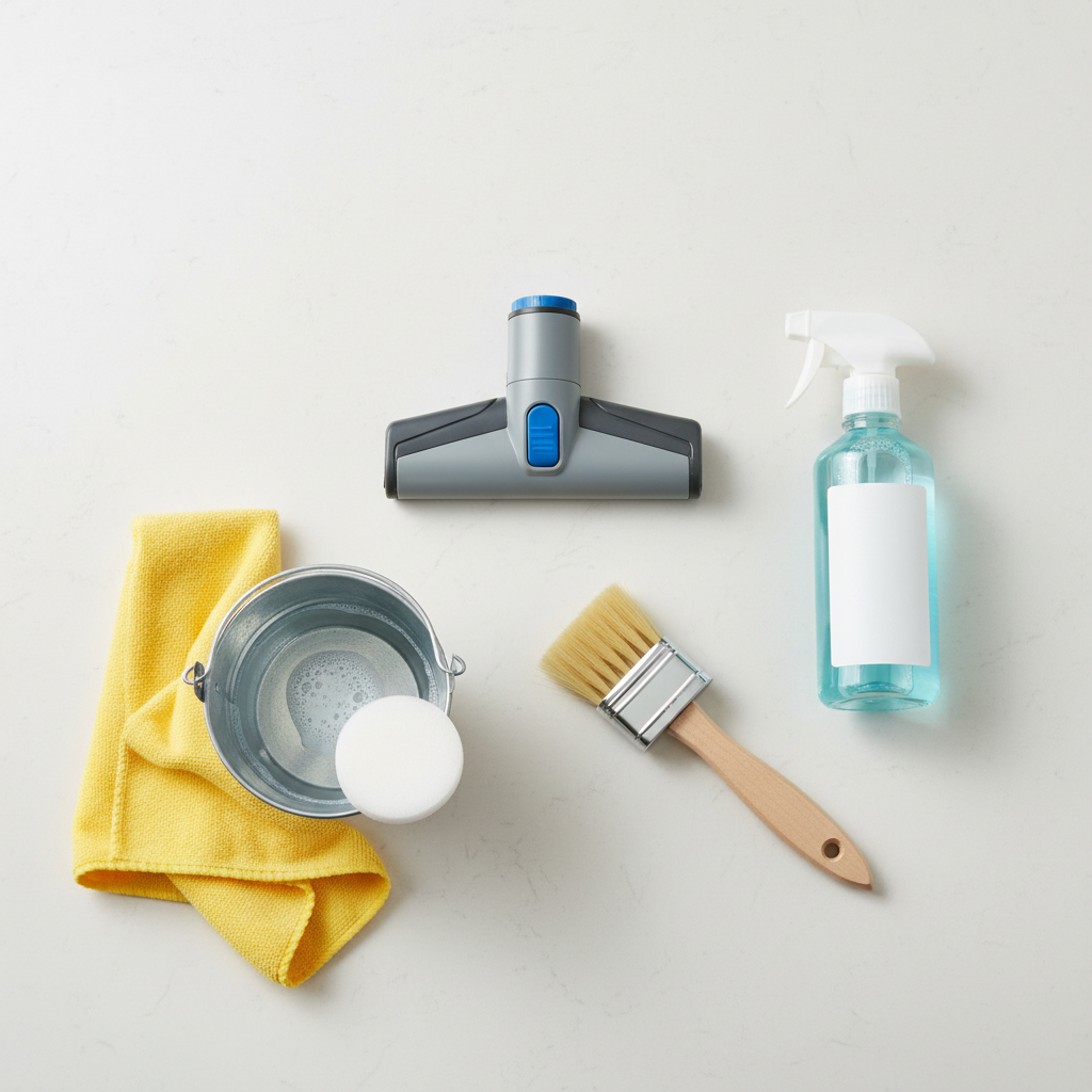 A clean and bright product photography style flat lay with a slightly elevated view, featuring a neatly organized arrangement of essential car seat cleaning tools and supplies. The items include a handheld vacuum cleaner nozzle, a clear spray bottle (implying cleaning solution), a soft-bristle brush, a folded clean microfiber cloth, and a small, partially filled bucket of water. The background is a neutral, clean surface, emphasizing the tools themselves.