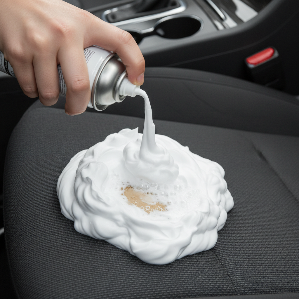 A detailed, professional photo showing a close-up of a car seat cleaning in progress. A section of a fabric car seat, possibly beige or dark grey, has a visible, mild stain. A hand (without gloves) is gently applying a generous amount of white shaving foam directly onto the stain from an aerosol can. The foam should look rich and active, partially obscuring the stain. The surrounding car interior is slightly blurred, ensuring the focus remains on the cleaning action and the foam.