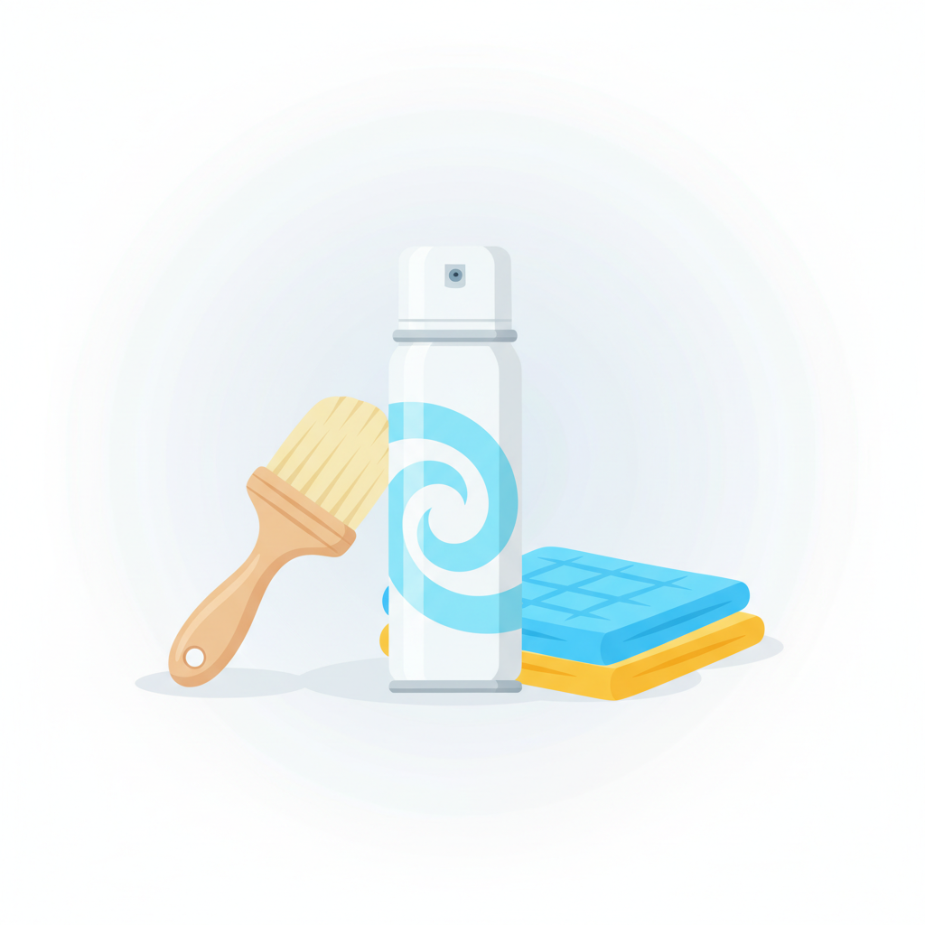 A vibrant, clean flat illustration showcasing the simple tools needed for cleaning car seats with shaving foam. Centrally positioned is a classic white aerosol can of shaving foam. To one side, a soft, medium-sized cleaning brush with light-colored bristles is placed. On the other side, two neatly folded microfiber cloths in contrasting bright colors (e.g., blue and yellow) are stacked. The items are arranged on a clean, light background, evoking a sense of ease and readiness for a DIY task.