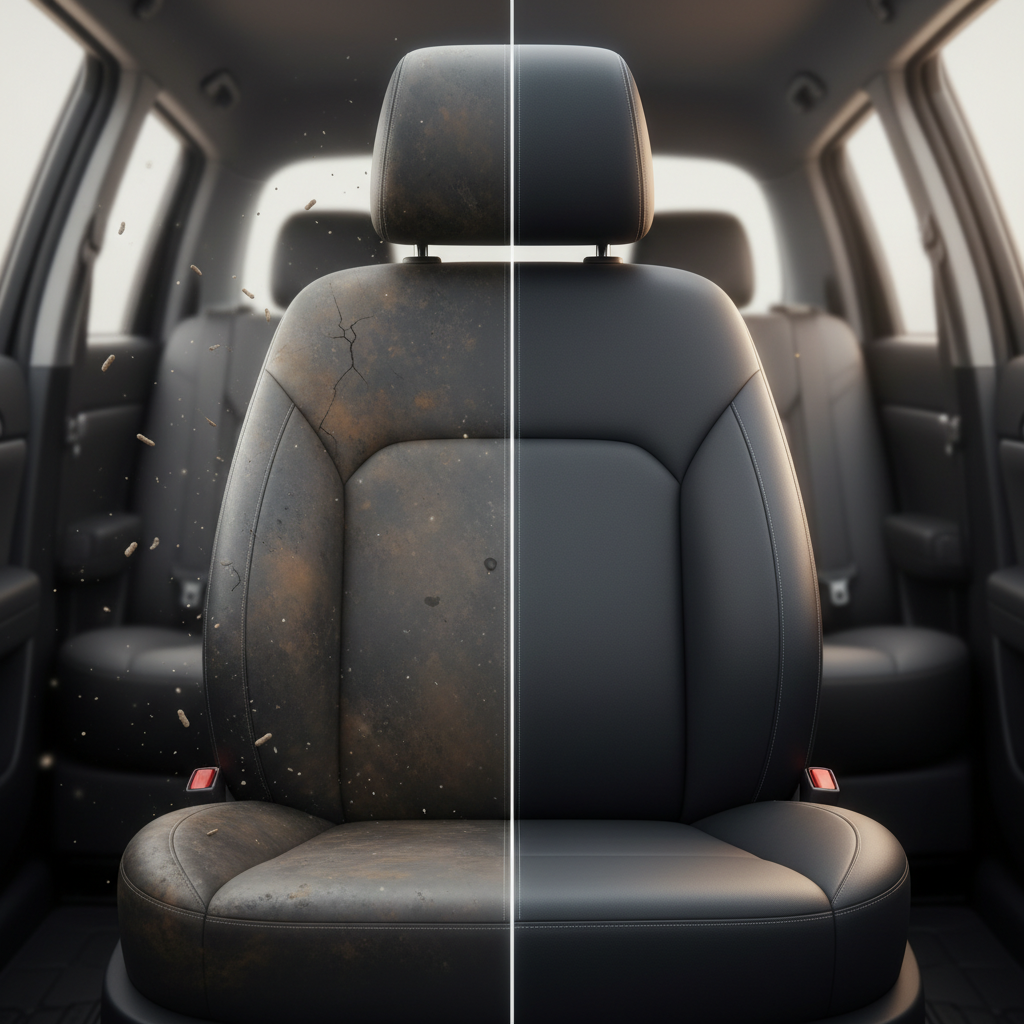 A car interior focusing on a car seat, conceptually split. One half depicts a visibly stained, dusty, and well-used car seat, with subtle, almost invisible floating particles hinting at allergens and bacteria. The other half shows the exact same car seat, now pristine, spotless, and looking brand new, with a fresh, inviting aura. The contrast should be stark, emphasizing the transformation from dirty to clean and highlighting the hidden benefits of hygiene and comfort. Semi-realistic digital illustration with rich textures and soft, inviting lighting.