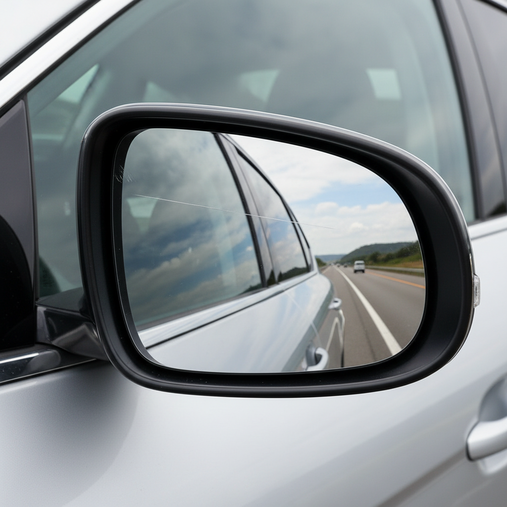 A close-up, professional photo of a modern car's side mirror, split vertically or diagonally to show a 'before and after' effect. One section of the mirror clearly displays a visible linear scratch, subtly distorting the reflection of a bright, open road scene. The adjacent section of the mirror is perfectly clear and pristine, reflecting the same road scene without any imperfections, showcasing the desired outcome of scratch removal. The surrounding car bodywork should be clean and sleek.
