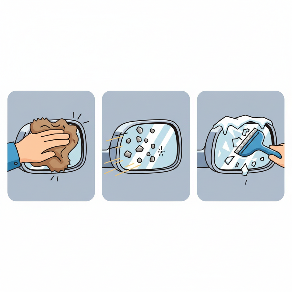 An infographic-style illustration composed of three distinct visual panels, each depicting a common cause of car mirror scratches. The first panel shows a hand using a visibly rough, coarse cloth to wipe a car mirror. The second panel illustrates small pebbles or road debris aggressively impacting the surface of a mirror. The third panel shows an ice scraper being used harshly to remove a layer of ice from a mirror. The overall style should be clean, modern, with clear lines and professional colors, focusing on the action without showing actual severe damage.