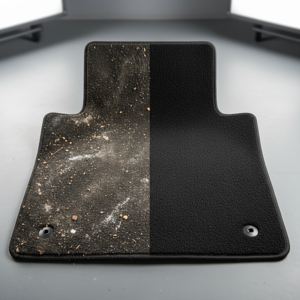 A professional photo split into two distinct vertical sections. The left section showcases a heavily soiled car textile floor mat, visibly covered with dirt, crumbs, and faint white salt stains, appearing dull and matted. The right section displays the exact same car mat, now impeccably clean, with restored fibers and a fresh, vibrant appearance, contrasting sharply with the dirty side. The background is a clean, minimalist car interior or a neutral studio setting, highlighting the dramatic transformation from dirty to pristine.