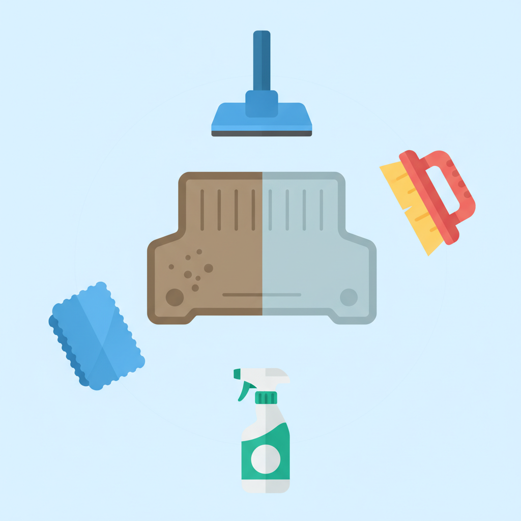 A vibrant, clean flat illustration depicting a collection of essential tools for car mat cleaning. In the center, a car textile floor mat is shown, with one half looking visibly dirty with subtle dirt specks, and the other half perfectly clean. Arranged around the mat are simplified, stylized illustrations of a hand-held vacuum cleaner nozzle, a scrubbing brush, a spray bottle (representing cleaner), and a microfiber cloth. The color palette is bright and inviting, emphasizing cleanliness and ease of use.