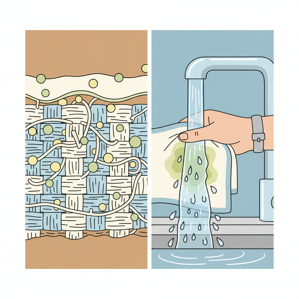 A visually engaging flat illustration depicting a two-part scene. On one side, a stylized cross-section of fabric fibers, showing small, round green and yellow avocado fat particles deeply embedded and intertwined within the threads, symbolizing a stubborn stain. On the other side, a human hand holds a piece of stained fabric under a stream of cold, clear water flowing from a silver kitchen faucet. Water droplets are visibly cascading over the stain from the reverse side of the fabric, illustrating the cold water rinsing technique. Use clean lines and a friendly, helpful aesthetic.