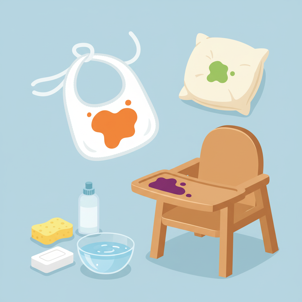 A cheerful and bright vector illustration showcasing a variety of common baby food stains on different surfaces. A vivid orange carrot puree stain on a crumpled white fabric bib, a smaller green pea stain on a light-colored throw pillow, and a purple berry stain on a small wooden high chair tray. Nearby, a collection of generic cleaning tools are neatly arranged: a soft sponge, a plain bar of soap, a small, unlabeled bottle of liquid detergent, and a transparent bowl of clear water, all symbolizing general solutions. The style is clean, modern, and inviting.