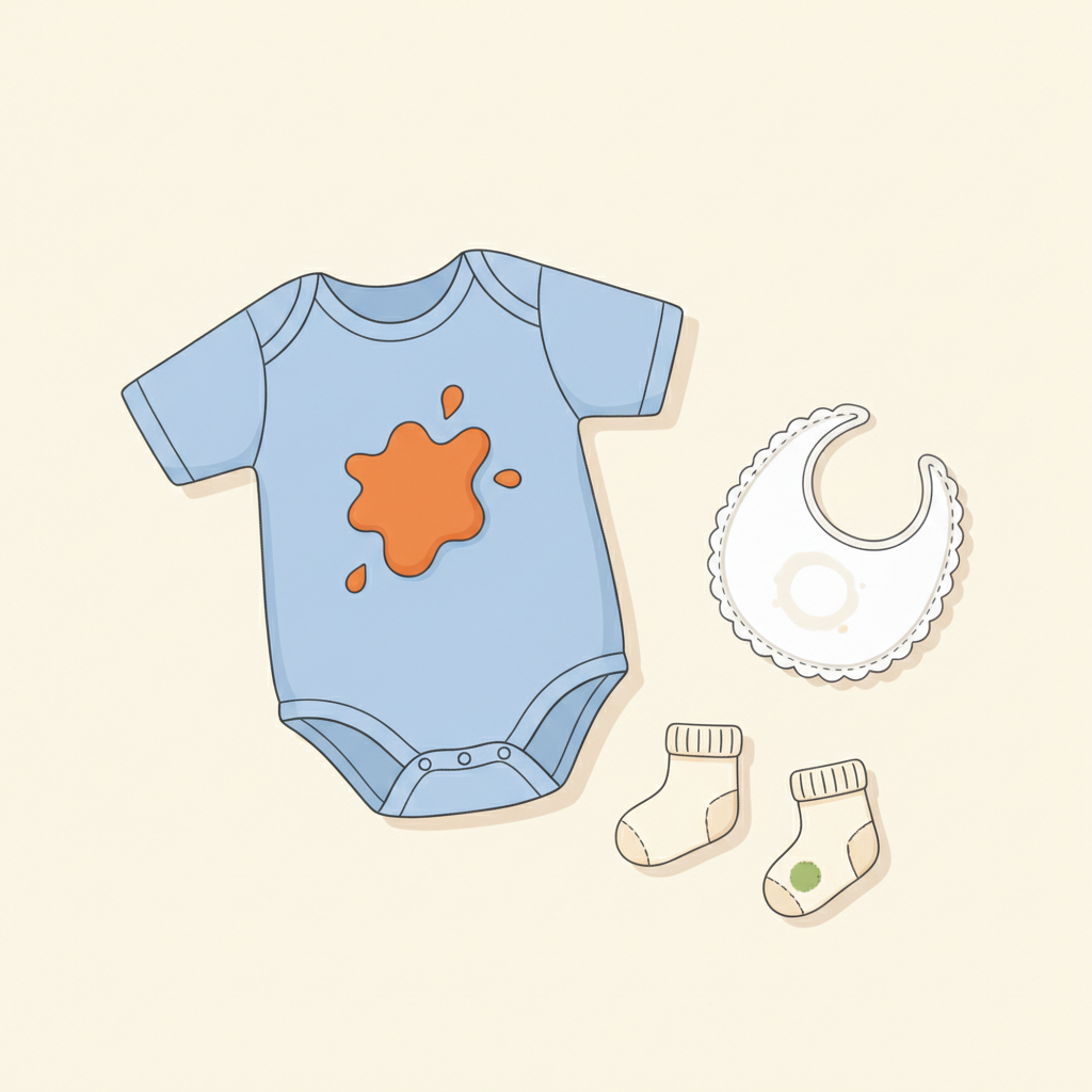 A charming, clean flat illustration with a soft pastel color palette. The scene features a delicate baby onesie, a small bib, and a pair of tiny socks, artistically arranged on a light, textured background. Each item conspicuously displays a different, common baby stain: a bright orange splatter of carrot puree on the onesie, a subtle milky white ring on the bib, and a small green grass stain on a sock. The overall impression is one of common baby challenges, emphasizing the gentle nature of the clothing contrasted with the everyday messes.
