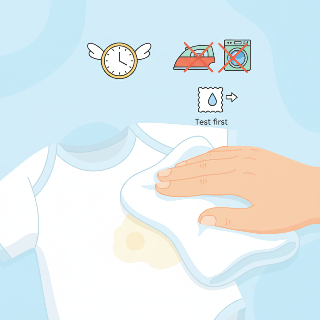 A vibrant and informative infographic-style illustration depicting the initial steps of gentle stain removal. The main focus is a close-up of a baby's white cotton garment with a fresh, generic stain. A hand is shown gently dabbing the stain with a soft, clean cloth, avoiding harsh rubbing. In the background, subtle visual cues indicate 'act fast' (a small clock icon), 'no heat' (a crossed-out iron or dryer symbol), and 'test first' (a tiny drop on an inconspicuous fabric edge). The color scheme is bright and reassuring, conveying a sense of care and effectiveness without harsh chemicals.
