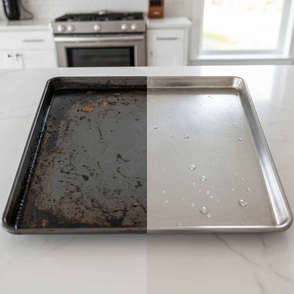 A professional photo, split horizontally or vertically. On one side, a heavily used, dark grey baking sheet covered in burnt-on food residue and grease stains, looking neglected and difficult to clean. On the other side, the exact same baking sheet, now sparkling clean and reflective, sitting on a kitchen counter in bright morning light, perhaps with a few water droplets indicating it was just cleaned. The overall setting should be a modern, clean kitchen, emphasizing the dramatic transformation from dirty to pristine without showing any visible scrubbing or effort. The focus is purely on the visual contrast and the impressive result.