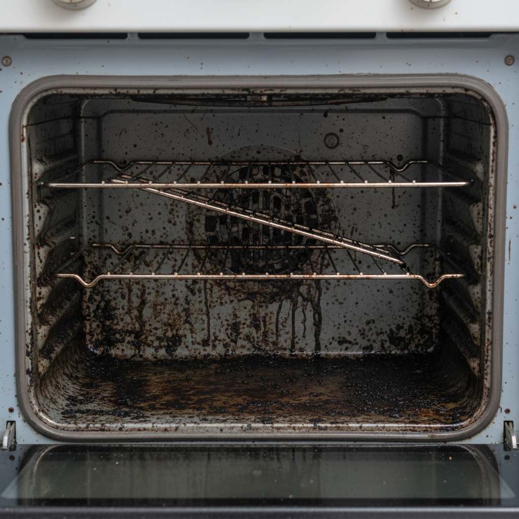 A professional, high-definition photo showcasing the interior of a domestic kitchen oven. The focus is on the bottom and side walls, which are heavily stained with dark, burnt-on food residues and grease splatters. Visible black and dark brown patches cling stubbornly to the enamel, indicating tough, embedded grime. The scene should convey the visual unsightliness and difficulty associated with a heavily used and unclean oven, emphasizing the common problem of baked-on messes.