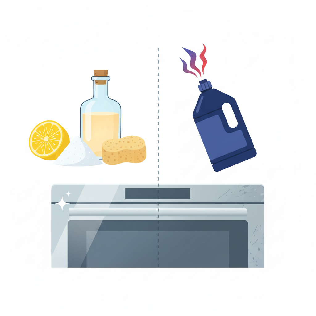 A clean, modern flat illustration or infographic style image depicting a conceptual comparison of cleaning methods. On the left side, natural cleaning ingredients are artfully arranged: a sliced lemon, a small pile of baking soda, a glass bottle of vinegar, and a natural sponge, all placed next to a sparkling clean, pristine corner of an oven interior. On the right side, an abstract representation of harsh chemical cleaners, perhaps symbolized by a generic, bold bottle emitting stylized, slightly aggressive fumes, hovering near an oven surface that appears subtly dull or slightly corroded. The image should visually communicate the gentle effectiveness of home remedies versus the potential harshness of aggressive chemicals.