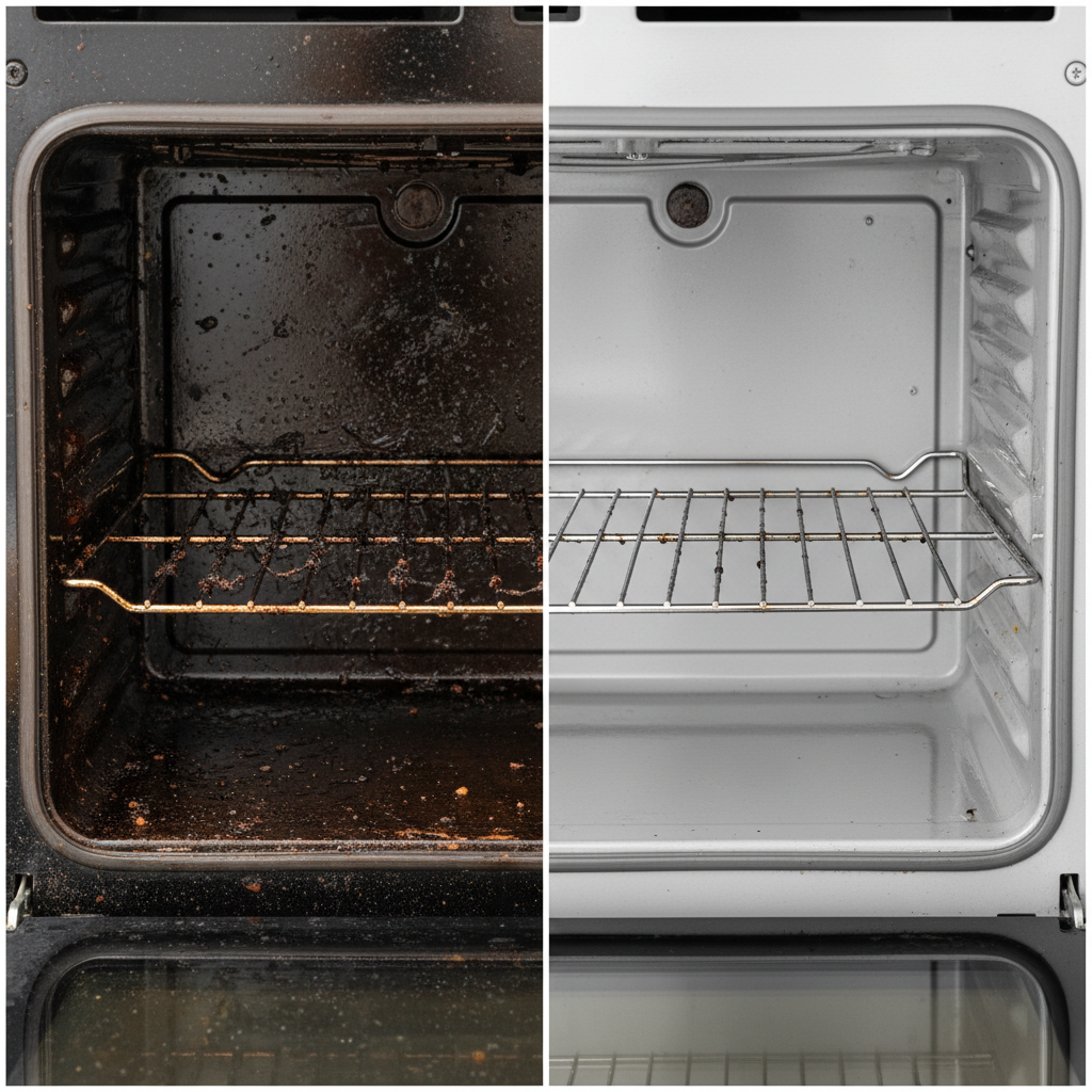 A split-screen or side-by-side comparison. On the left, a close-up, high-detail shot of a very dirty oven interior, showing heavily encrusted racks with burnt-on food, grease splatters, and dark, grimy walls. The scene should evoke a sense of neglect and dirtiness. On the right, the exact same oven interior, but now impeccably clean, sparkling chrome racks, shiny reflective walls, and a pristine glass door, conveying a sense of hygiene and newness. The contrast should be stark and visually impactful. Professional photo style.