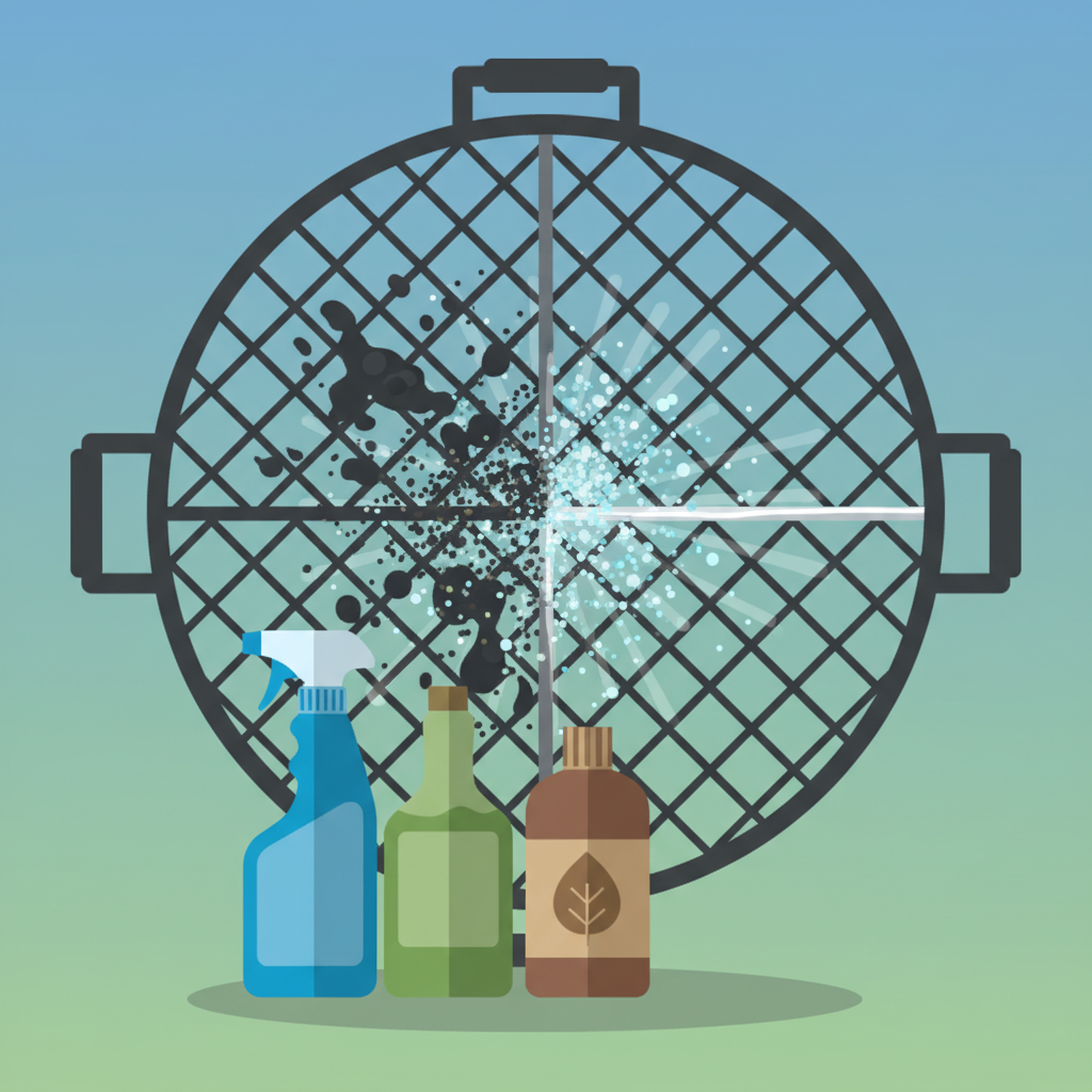 A vibrant, flat illustration depicting the concept of effective cleaning. In the foreground, stylized representations of various cleaning products (a spray bottle, a gel bottle, an eco-friendly cleaner bottle) are arranged. Behind them, a heavily soiled BBQ grill grate with visible burnt food residues and and grease is shown being transformed. A subtle 'cleaning effect' visual, like shimmering particles or a dissolved grime texture, emanates from the grate, symbolizing the breaking down of dirt. The overall impression should be one of powerful, yet accessible, cleaning solutions.
