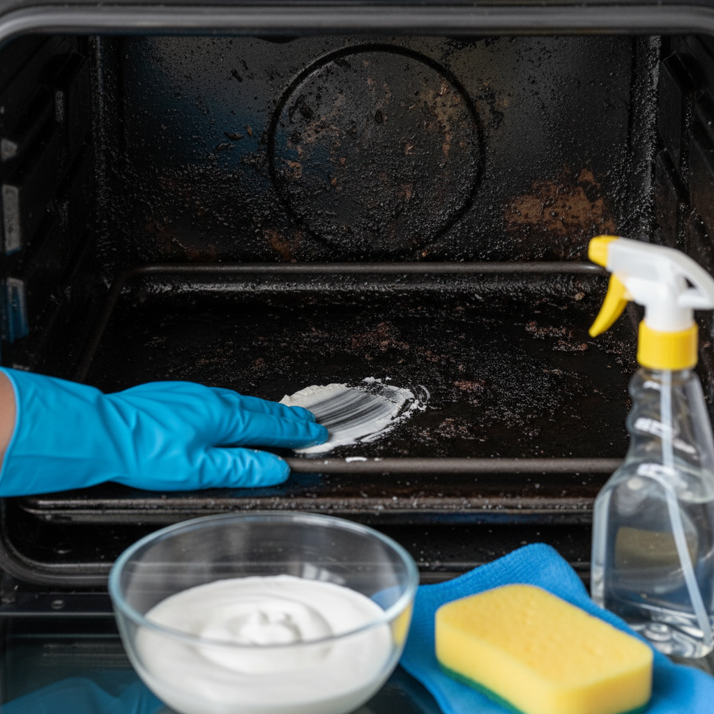 A close-up shot of the interior of a domestic oven, specifically focusing on the bottom and lower sides, which are heavily stained with dark, burnt-on food residues and grease. In the foreground, slightly out of focus, are essential cleaning items: a bowl containing a white paste (representing a baking soda mix), a spray bottle, and a sponge. A gloved hand (wearing a blue or yellow rubber glove) is gently starting to spread the paste onto one of the dirty areas, implying the beginning of the cleaning process. This should be a high-quality, brightly lit professional photo, suitable for a lifestyle or home improvement blog, emphasizing the practical application.