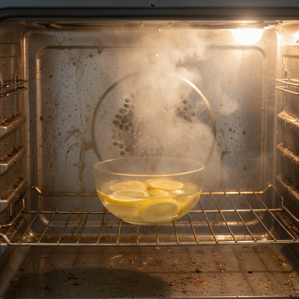 Inside a moderately dirty oven, a clear glass bowl containing freshly sliced lemons and a small amount of water emits visible, gentle steam. The steam diffuses throughout the oven cavity, subtly interacting with and dissolving splattered grease and baked-on food particles on the interior walls and oven racks. A soft, clean light highlights the effectiveness of the natural process, showing grime softening and lifting. The overall impression is one of natural, chemical-free cleaning in progress, professional photo with a warm, inviting aesthetic.