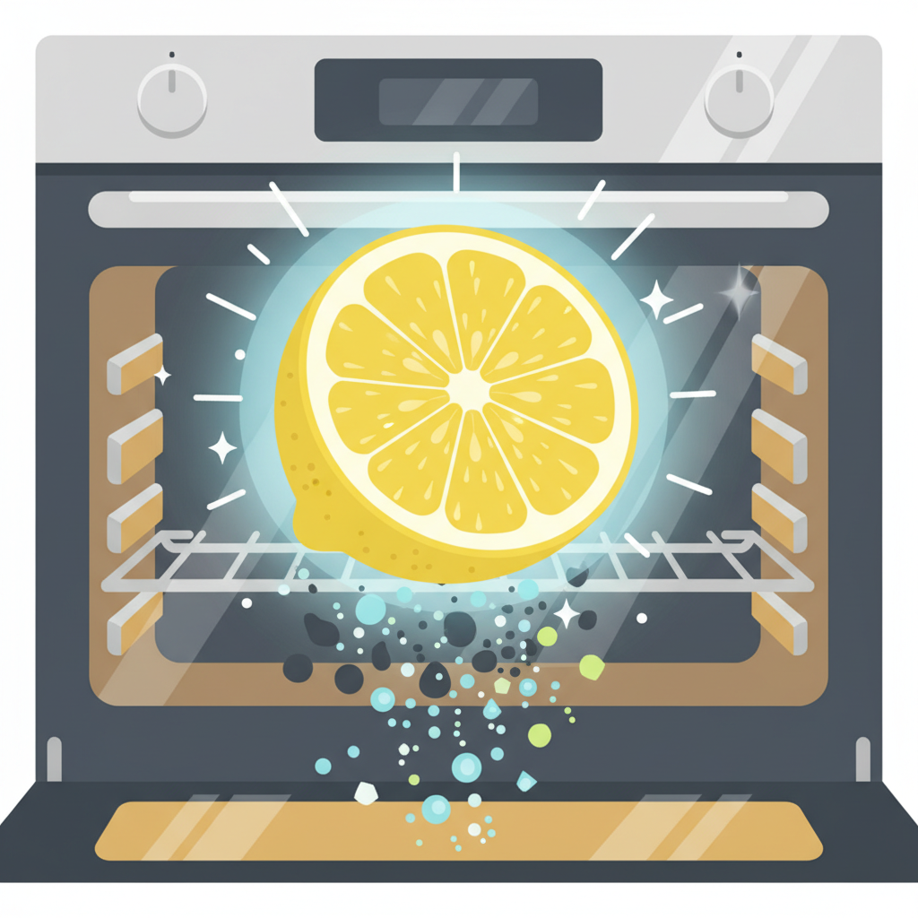 A vibrant, halved lemon takes center stage, radiating a subtle, clean glow or energy, symbolizing its natural cleaning power. Below it, stylized blobs of dark, dissolved grease and dirt are visibly breaking apart and fading away into abstract clean particles, signifying effective purification. In the soft background, a gleaming, sparkling clean oven interior is implied, representing the successful outcome. The scene should evoke a sense of natural potency and eco-friendliness, rendered in a cheerful flat illustration style with clean lines and a bright color palette.