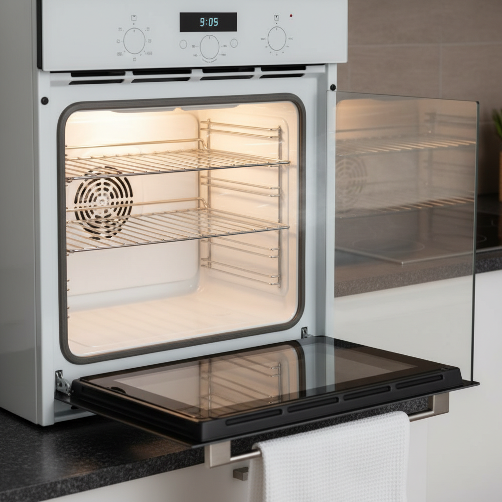 A brightly lit, immaculately clean oven interior with its door slightly ajar, symbolizing the drying process after cleaning. A soft, even light illuminates the pristine enamel surfaces and chrome racks, reflecting a sense of freshness and readiness for use. A subtle indication of air circulation around the open door emphasizes natural air drying, without any literal wind effects. The overall impression is one of sparkling cleanliness and careful post-cleaning preparation. Professional studio quality photo, focusing on inviting kitchen aesthetics.