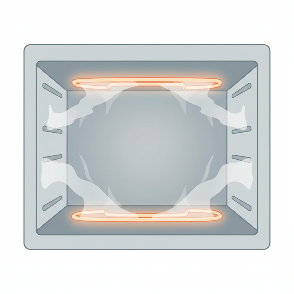An infographic-style illustration depicting the interior of an oven during its first heating after cleaning. Wisps of translucent, light gray steam or vapor are subtly rising and dissipating from the heating elements and oven walls, symbolizing the burning off of residues and neutralization of odors. The oven interior itself appears clean but has a subtle warmth suggested by soft, glowing orange hints from the heating elements. The overall impression conveys a purification process, making the oven safe and efficient. Flat illustration with clean lines and subtle gradients.