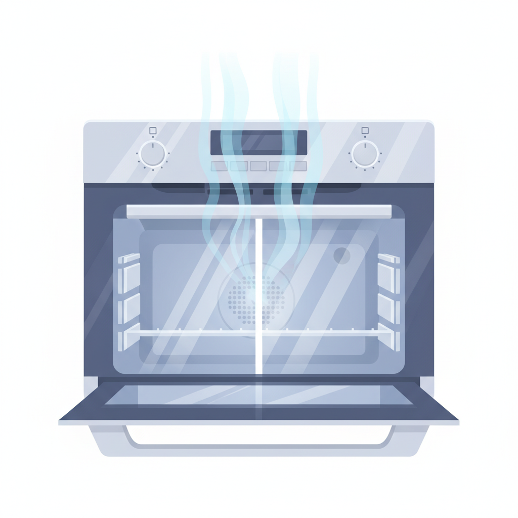 A sleek, modern oven interior is depicted, appearing meticulously clean and sterile. From the slightly ajar oven door, delicate, translucent wisps of light blue or white vapor gently rise and dissipate into the air. These wisps symbolize the evaporation of cleaning product residues and moisture, making the oven safe and ready. The scene emphasizes cleanliness and the purification process, with a focus on the oven's sparkling chrome and glass surfaces, contrasting with the ethereal vapors. Flat illustration style with a subtle depth, using a palette of hygienic whites, silvers, and soft blues.
