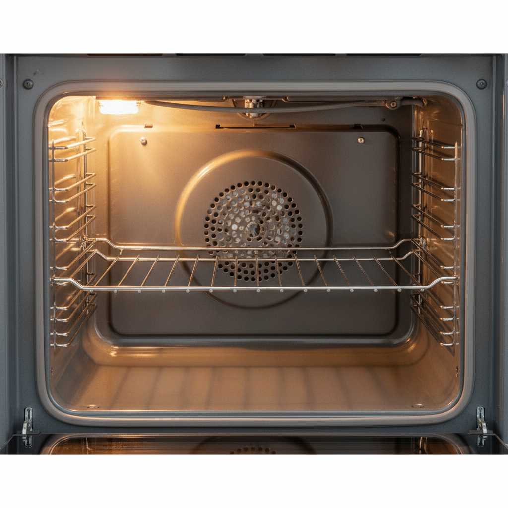 A close-up, professional photo of the inside of a meticulously clean and dry electric oven. The oven racks are gleaming, and the interior walls are spotless, reflecting a soft, inviting golden-orange glow emanating from within, subtly hinting at warmth and readiness. There are no visible residues or moisture. The image should convey a sense of perfect hygiene, safety, and preparedness for cooking, showcasing the oven as a reliable and pristine appliance. The focus is on texture and the immaculate condition of the oven's interior, implying a fresh, neutral environment for food.