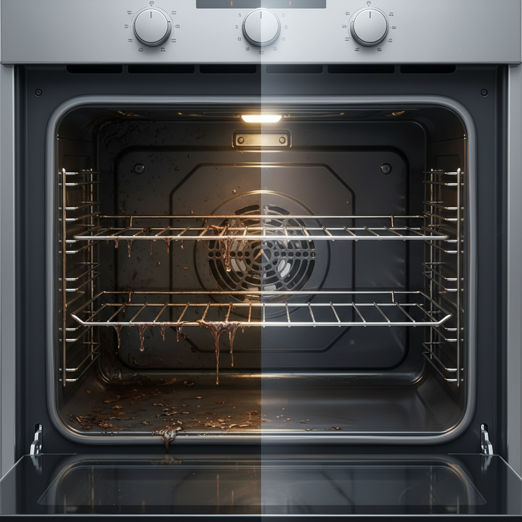 A modern kitchen oven interior, split visually down the middle. One half is clearly grimy with baked-on grease, dark food splatters, and burnt crusts, showing clear signs of neglect. The other half is immaculately clean, gleaming and reflective, with a pristine stainless steel or enamel surface. This visual dichotomy effectively illustrates the powerful 'before and after' effect of oven cleaning. The scene emphasizes transformation and the satisfying result of a sparkling appliance. Style: Realistic digital painting with a strong contrast between the two states.