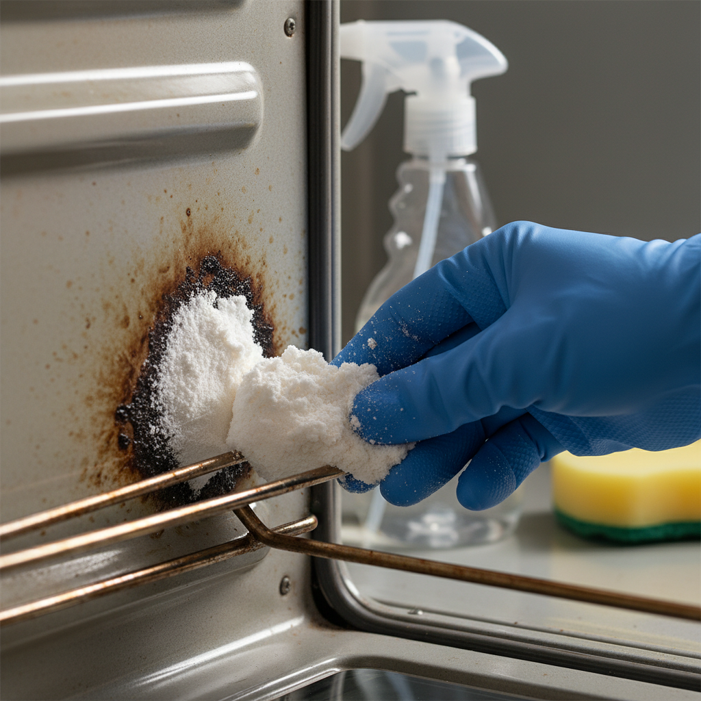 A close-up view inside a moderately dirty oven, focusing on a corner or rack. A hand, wearing a protective glove, is gently applying a thick white paste, visibly made from baking soda and water, onto a greasy, burnt spot. In the background, slightly out of focus, is a spray bottle containing a clear liquid, suggesting vinegar, and a clean sponge ready for wiping. The image should convey practical application of natural cleaning methods with a sense of efficacy. Style: Bright, clean, and inviting realistic photography with a shallow depth of field.