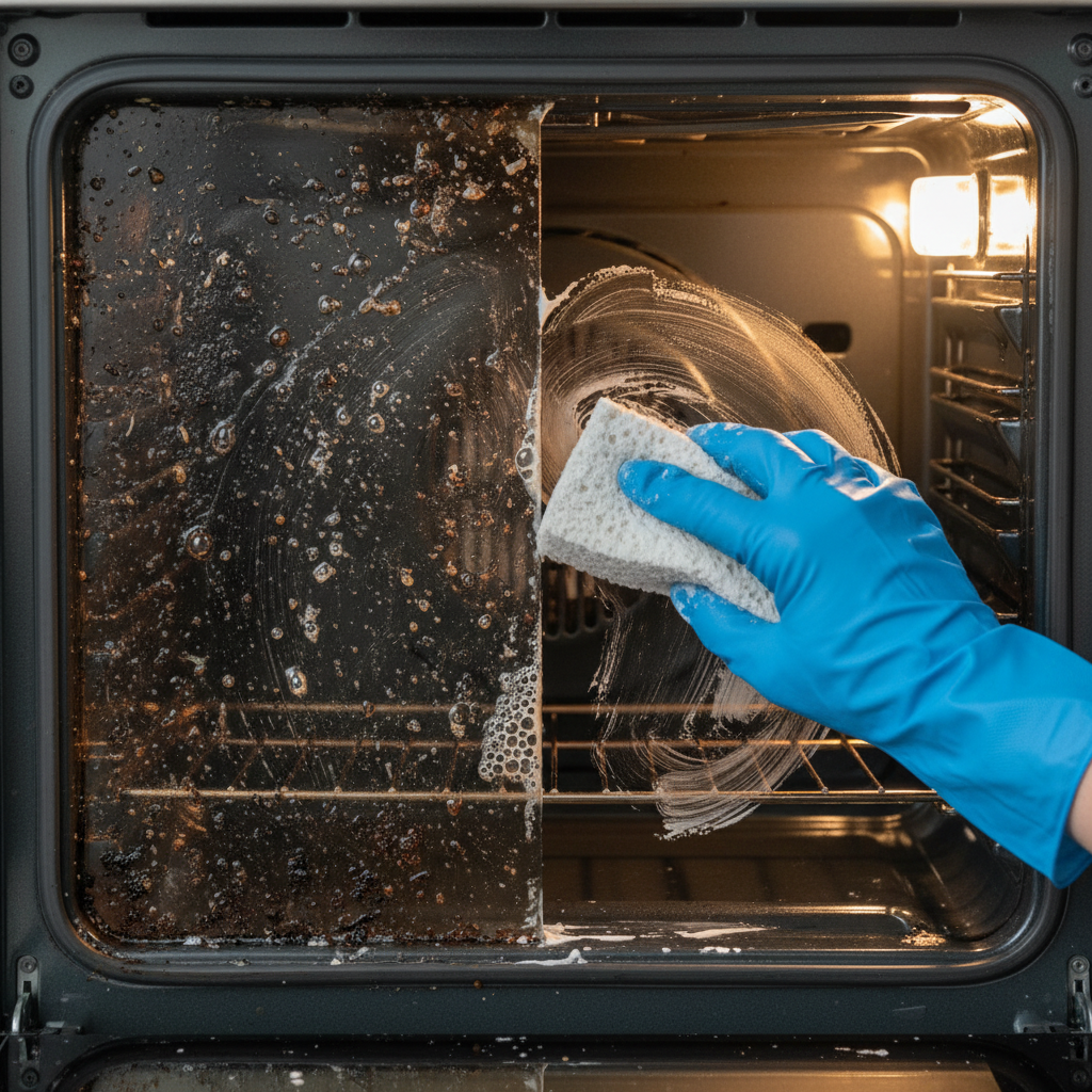 A close-up, professional photo capturing the interior of an oven. One side of the oven cavity is visibly soiled with stubborn, burnt-on food residues and grease splatters, showcasing a truly grimy state. The other side, distinctly sparkling clean and reflecting ambient light, suggests a successful cleaning effort. A gloved hand, holding a simple cleaning sponge or cloth moistened with a subtle, light-colored paste (like baking soda and water), is gently wiping across the demarcation line between the dirty and clean areas. The image emphasizes the dramatic 'before and after' transformation and the satisfaction of effective cleaning.