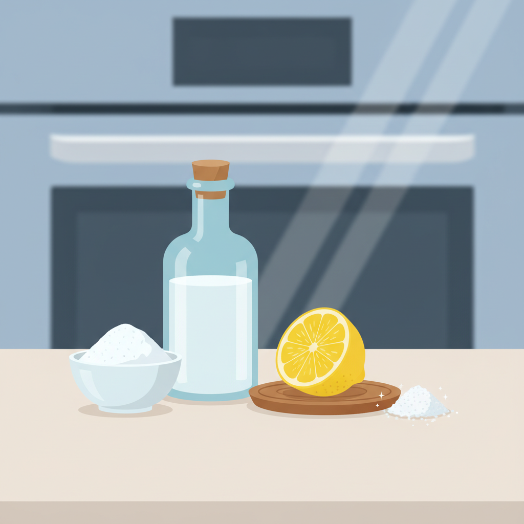 A vibrant, clean flat illustration showcasing a collection of natural household ingredients arranged neatly on a light, minimalist kitchen counter. The composition includes a small, simple bowl filled with white baking soda powder, a clear glass bottle containing transparent white vinegar, a fresh half-lemon wedge, and a small mound of coarse salt. These items are presented in a clean, organized manner. In the background, a subtle, out-of-focus hint of a modern, gleaming oven door is visible, subtly connecting the ingredients to their purpose. The overall style should be fresh, inviting, and highlight the simplicity and natural origins of the cleaning remedies.