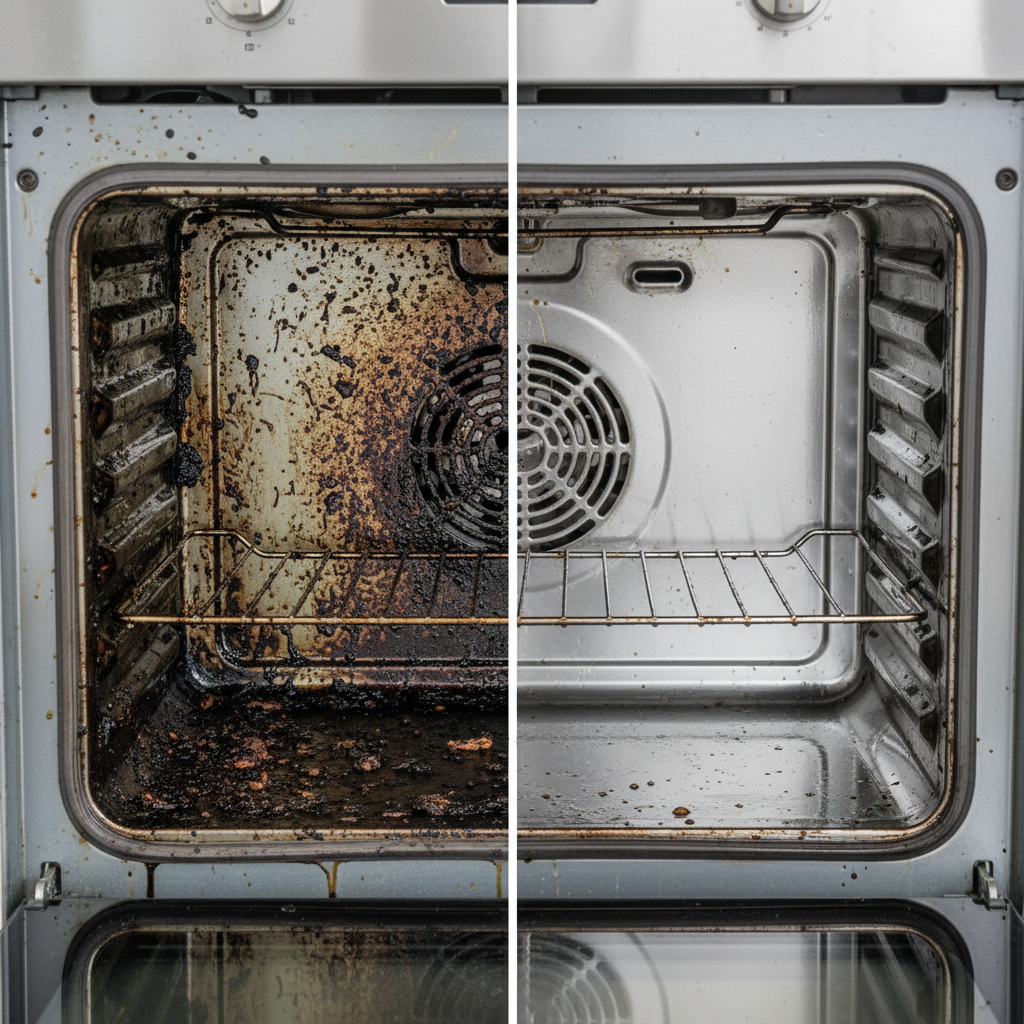 A visually striking 'before and after' image of an oven interior. The left side depicts a heavily soiled oven, showcasing baked-on grease, charred food residues, and sticky brown splatters coating the walls and rack, creating an unappealing, grimy appearance. The right side shows the exact same oven interior, but now impeccably clean, sparkling, and reflective. The stainless steel elements gleam, and the glass is crystal clear, conveying a sense of freshness and hygiene. Professional product photography style, high detail.