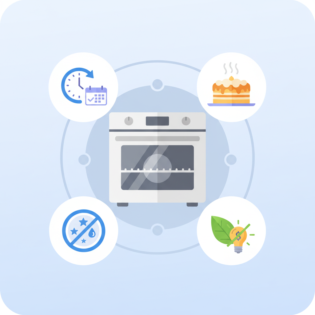 An infographic-style illustration centered around a stylized, clean oven interior. Surrounding the oven, four distinct, interconnected visual elements represent the benefits of cleaning. One element shows a delicious, perfectly baked cake emitting an enticing aroma, symbolizing improved taste. Another displays a green energy-saving symbol or a small lightbulb with a dollar sign crossed out, indicating energy efficiency. A third depicts a germ-free icon or a sparkling clean surface, emphasizing hygiene. The fourth shows a clock or calendar icon suggesting extended appliance lifespan. Use a clean, modern flat illustration style with a bright color palette.