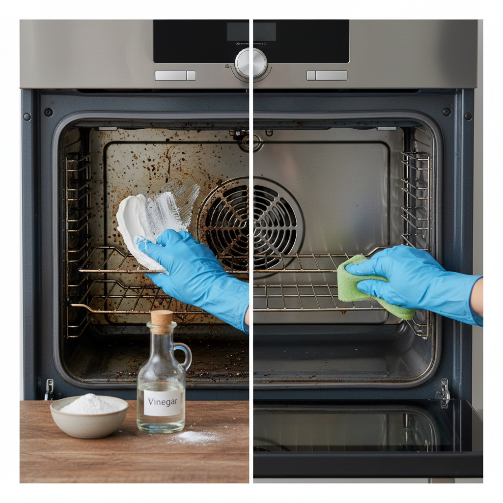A professional, clean product photograph showcasing a split view or 'before and after' comparison of an oven interior. On one side, the oven cavity is visibly grimy with baked-on food residues and grease splatters. On the other side, the same oven interior is sparkling clean and reflective. In the foreground, hands wearing protective cleaning gloves are actively applying a thick, white paste (made from baking soda and a hint of vinegar) to the dirty sections. Small, rustic bowls containing baking soda powder and a clear bottle of vinegar are neatly arranged nearby, emphasizing natural cleaning solutions.
