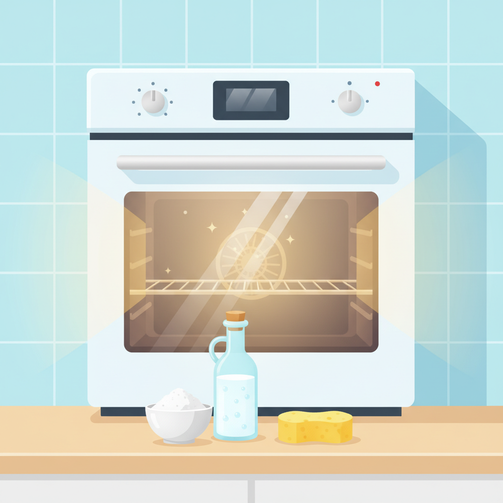 A clean, modern flat illustration with soft shadows and a bright, inviting color palette. The scene depicts a pristine, gleaming white oven with its door slightly ajar, subtly radiating light to symbolize freshness and cleanliness. In the foreground, neatly arranged on a simple kitchen counter, are stylized representations of common home cleaning agents: a small, white ceramic bowl filled with baking soda powder, a clear glass bottle of white vinegar, and a soft, yellow cleaning sponge. The arrangement should convey simplicity, effectiveness, and eco-friendliness in cleaning.