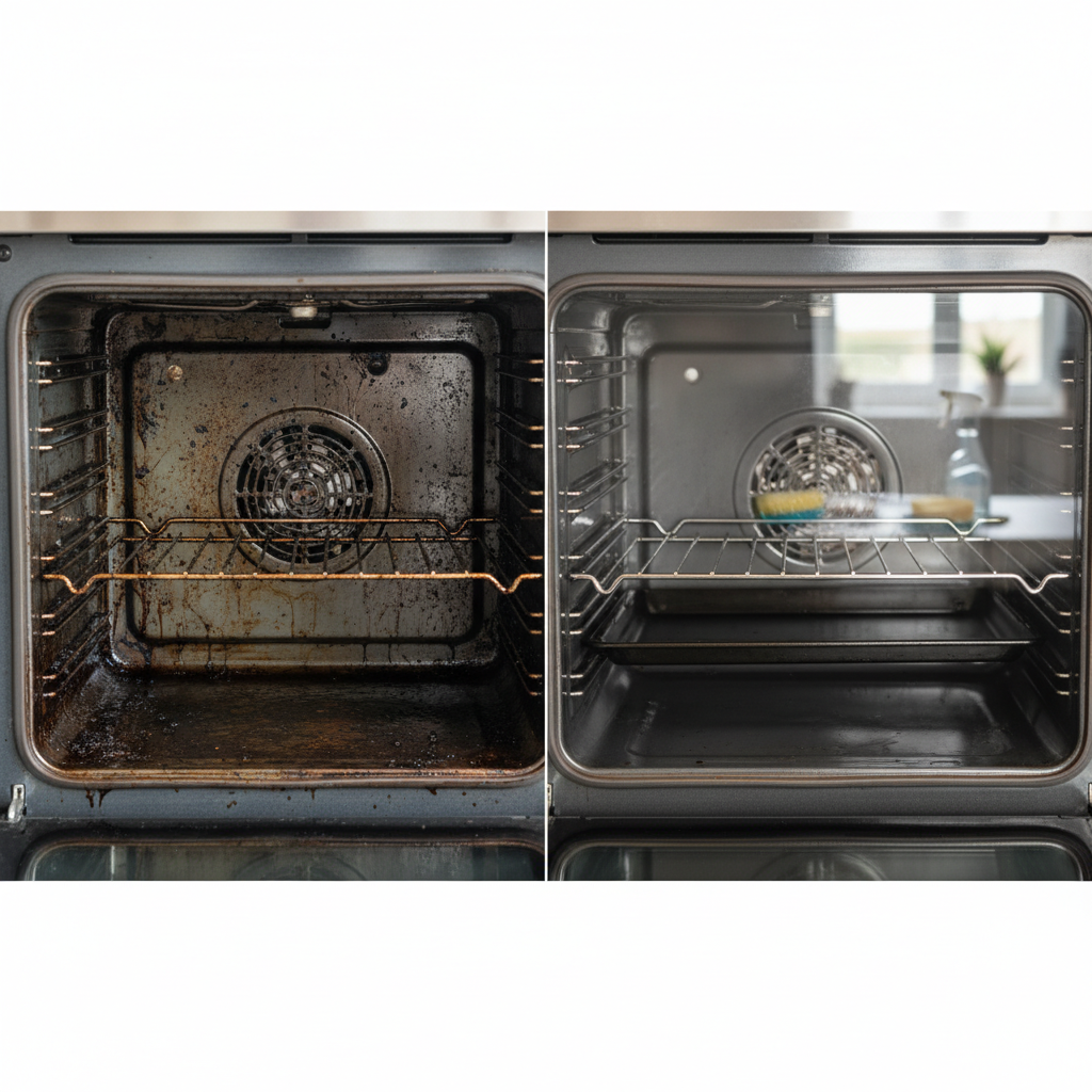 A visually striking split image or a 'before and after' concept of an oven interior. On one side, depict a grimy, grease-splattered oven interior with burnt-on food residue, looking neglected. On the other side, show the same oven interior sparkling clean, with gleaming chrome racks and spotless glass, reflecting light. A subtle hint of cleaning tools like a sponge or spray bottle can be seen in the background, slightly out of focus. The overall style should be a professional, well-lit photo, emphasizing a dramatic transformation suitable for a home improvement blog.
