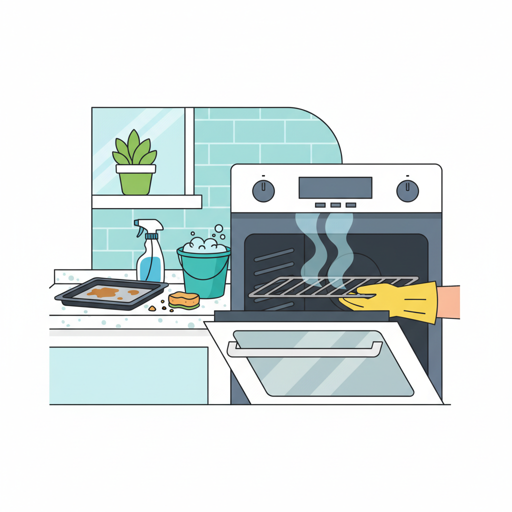 An engaging flat illustration depicting the initial preparation steps for oven cleaning. The scene shows a slightly opened oven door, with a hand (possibly gloved) carefully pulling out a dirty oven rack. Nearby, on a clean kitchen counter, are other removed oven accessories like a baking sheet and a small pile of loose crumbs. A subtle visual element, like gentle wafting lines, could indicate the oven is cooling down. The color palette should be clean and inviting, with a focus on clear, step-by-step visual information.