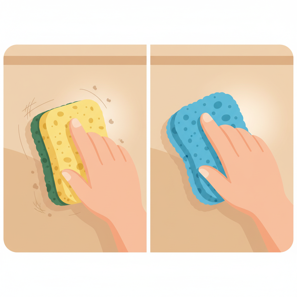 A flat illustration depicting a split-screen view inside an oven. On the left side, a classic household sponge with its abrasive green scrubbing surface is shown actively scrubbing the beige enamel wall, subtly leaving faint, fine scratch marks. On the right side, a soft, textured blue microfiber sponge is gently wiping a similar enamel wall, leaving it perfectly smooth and gleaming, without any visible damage. The contrast visually highlights the correct vs. incorrect sponge choice for oven cleaning.