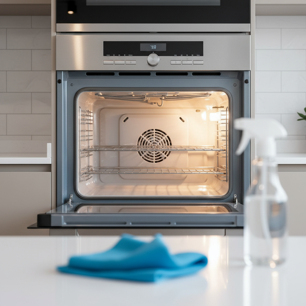 A professional photo from inside a modern kitchen, focusing on the open oven door. The oven interior is meticulously clean and sparkling, reflecting light off its pristine enamel surfaces and the crystal-clear glass. The metal racks inside are gleaming. In the foreground, slightly out of focus, sits a neatly arranged, clean blue microfiber sponge next to a simple, generic spray bottle, suggesting the tools for achieving this level of cleanliness. Bright, inviting lighting emphasizes the spotless result.