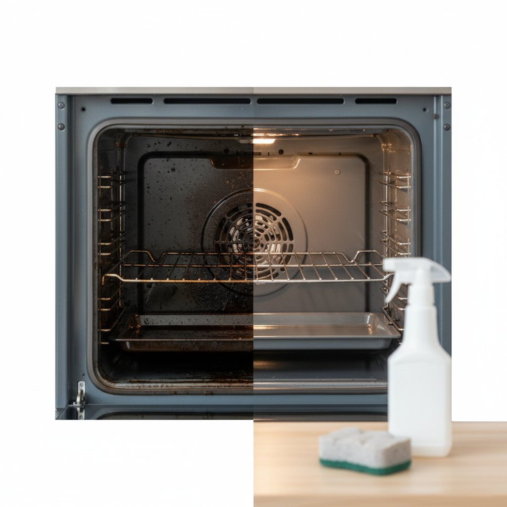 A professional photo capturing a stark before-and-after comparison within an oven. On the left side, the oven interior is heavily stained with dark, caked-on grease and burnt food residues, appearing neglected. On the right side, the exact same oven interior is sparkling clean, chrome racks gleaming, reflecting light beautifully. In the foreground, blurred slightly, are generic, clean cleaning tools like a sponge and a plain spray bottle, hinting at the solution.