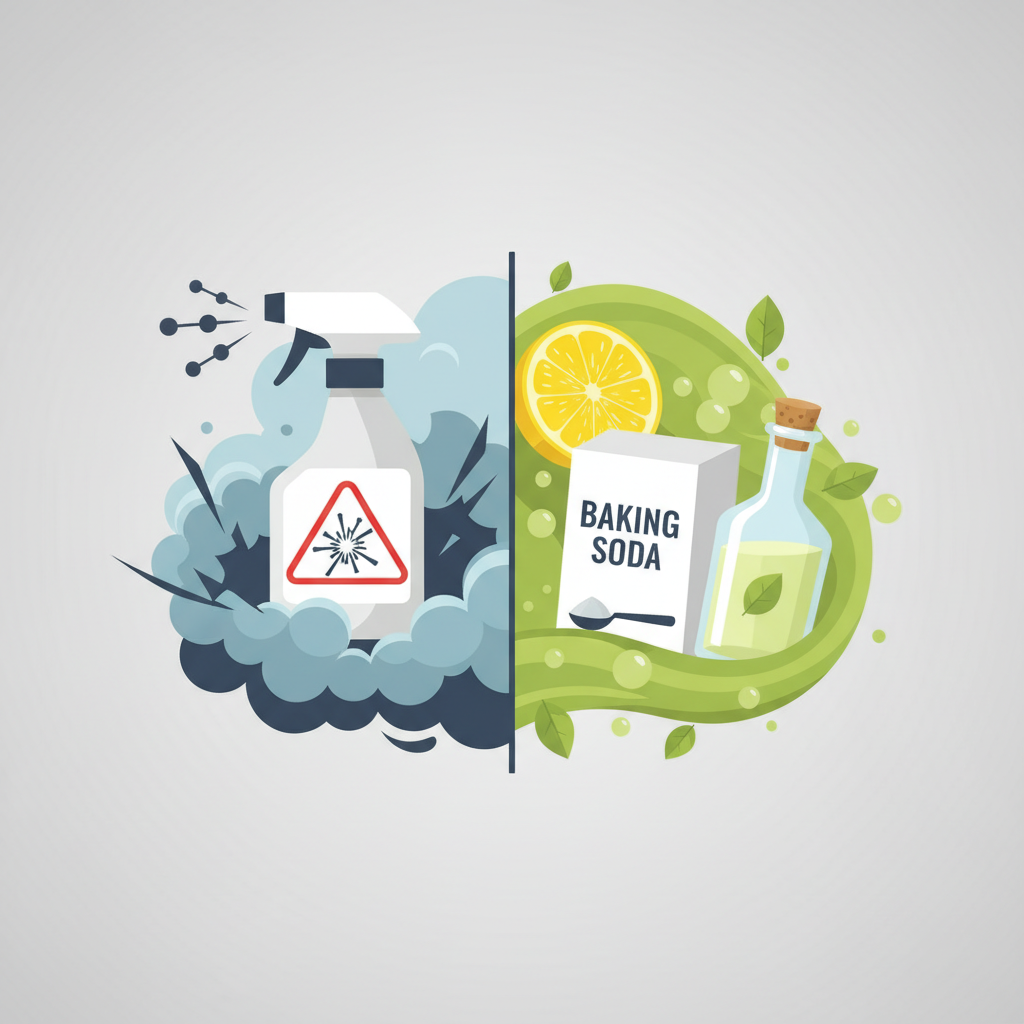 A clean, modern infographic-style illustration contrasting two types of oven cleaners. The image is divided vertically down the middle. On the left, representing 'powerful chemical cleaners', a stylized, generic spray bottle with an abstract symbol indicating strong chemical action (e.g., stylized molecules or a burst of energy). On the right, representing 'eco-friendly natural cleaners', a collection of elements like a lemon half, a baking soda box, and a vinegar bottle, accompanied by a subtle green leaf icon, all rendered in a clean, friendly aesthetic.
