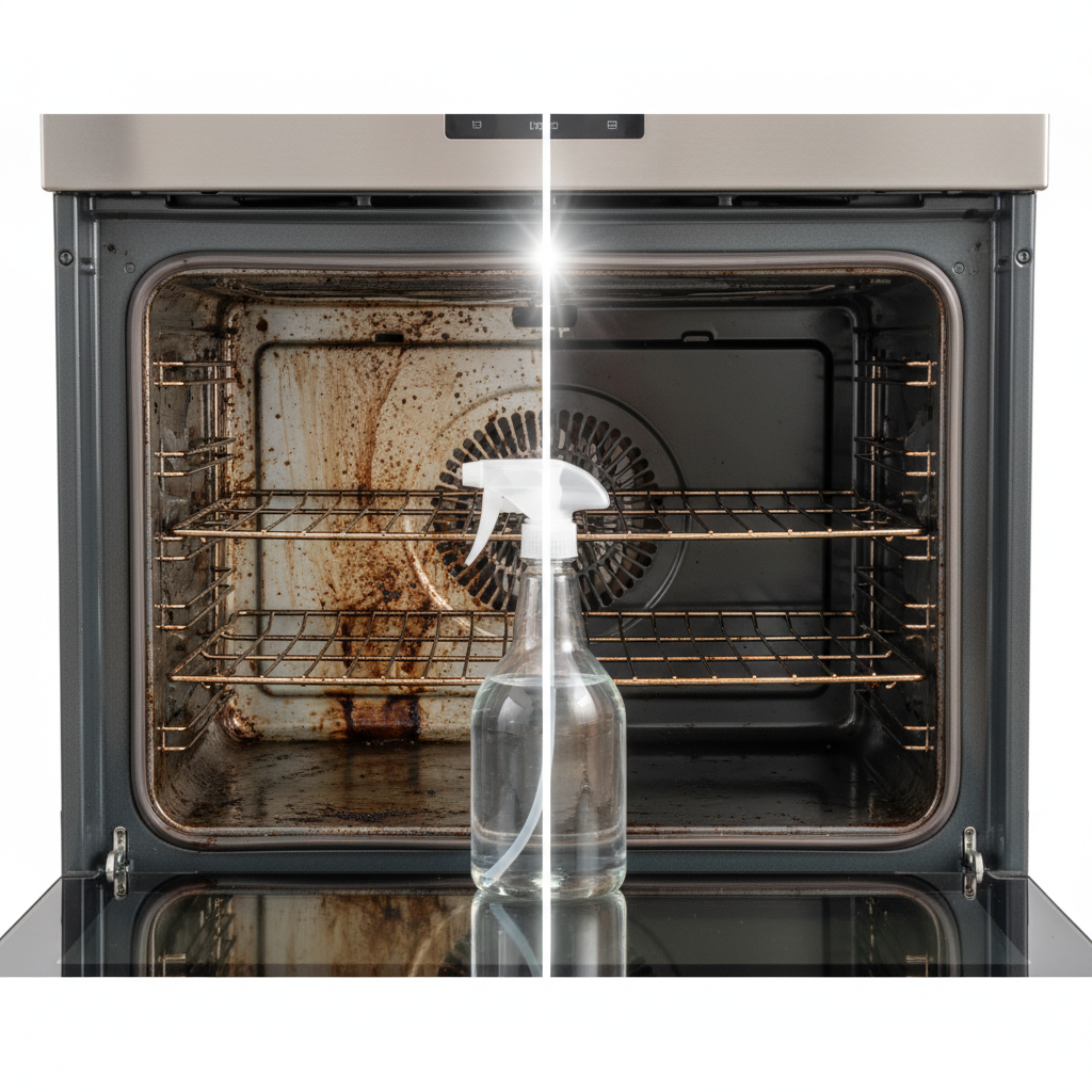 A visually striking split-screen or 'before and after' image depicting an oven interior. On the left side, the oven is heavily soiled with baked-on grease, charred food residues, and visible grime, looking dull and dirty. On the right side, the same oven interior is sparkling clean, gleaming with polished surfaces, reflecting light beautifully, and completely spotless. A clear glass spray bottle filled with a translucent liquid, representing vinegar, is positioned prominently between the two sides, suggesting its transformative power. The overall style should be a professional, high-quality photograph with excellent lighting, emphasizing cleanliness and effectiveness.